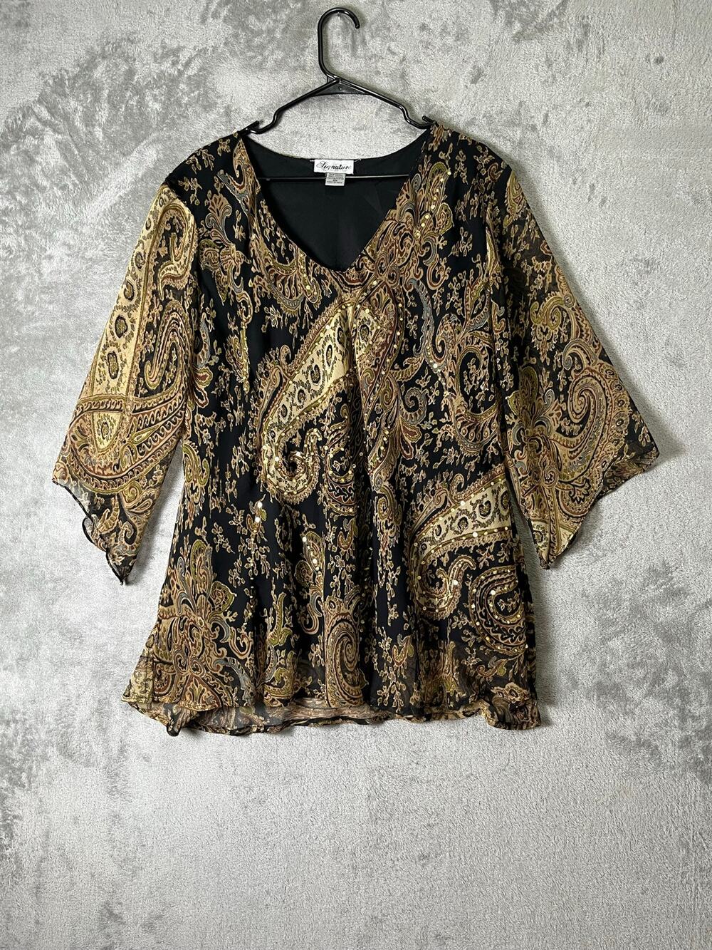 Vintage Boho Metallic Gold Paisley Beaded V-Neck Bell Sleeve Tunic Top Blouse 2X